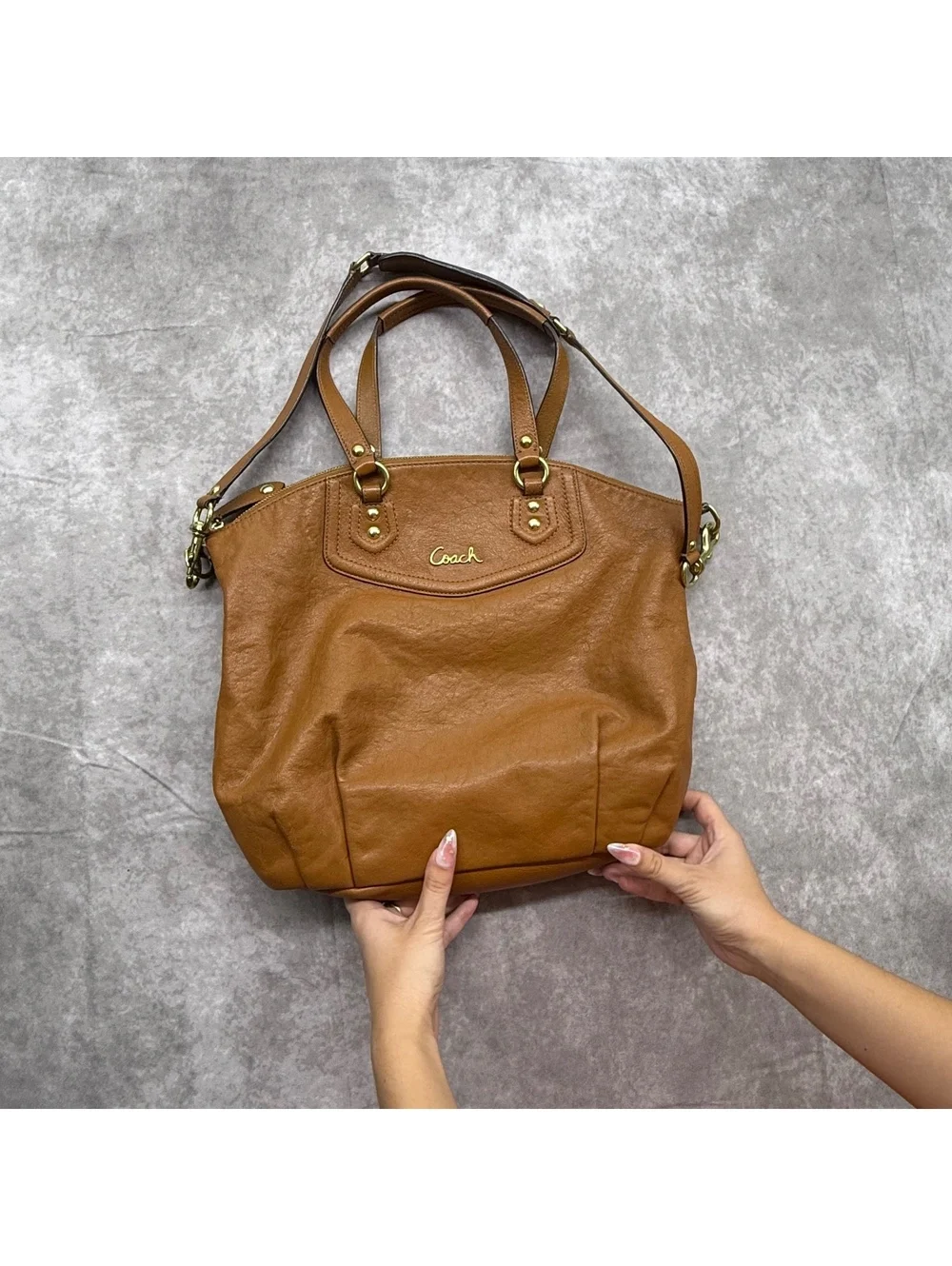 Coach Leather Shoulder Bag Satchel Cognac Brown F23684
